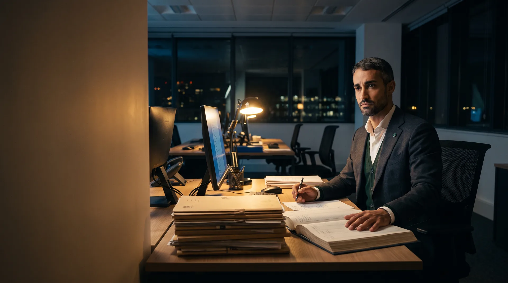 Tariq seul à son bureau le soir, la main sur un registre comptable fermé.