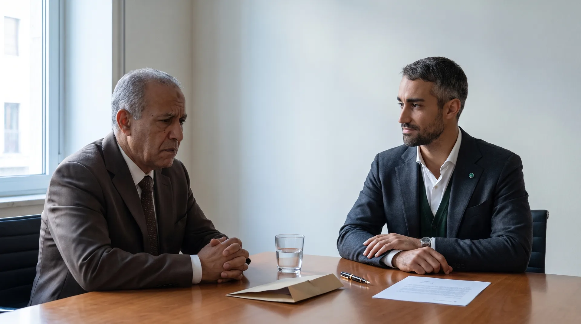 Tariq, face à un dirigeant inquiet, une lettre ouverte sur la table.