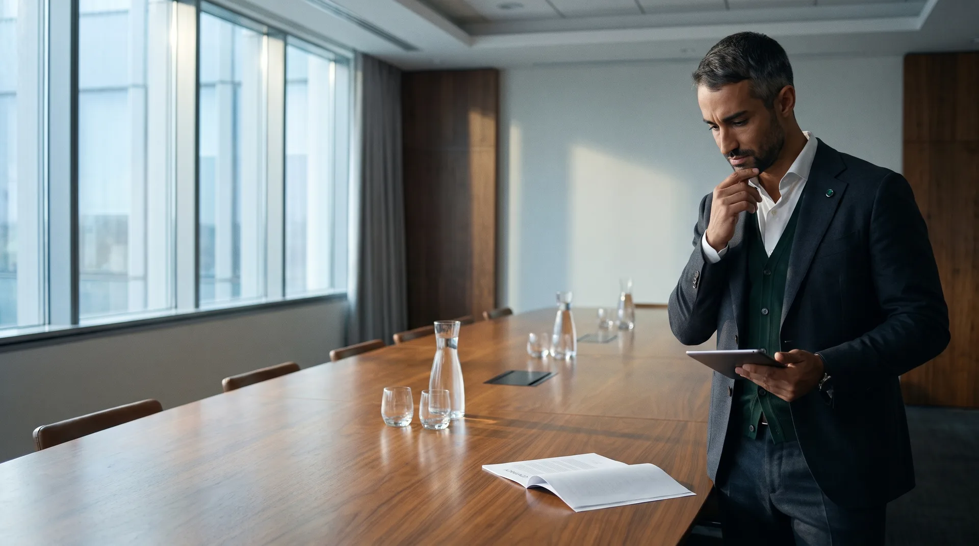 Tariq, seul dans une salle de conseil, examine un contrat avant la réunion.